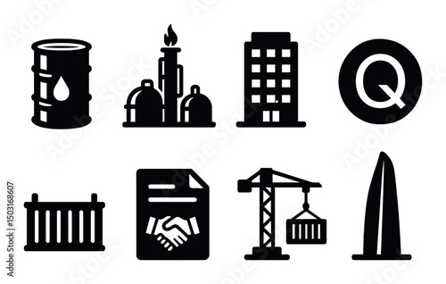 Qatar economy silhouette icons set – business, finance and industry symbols
