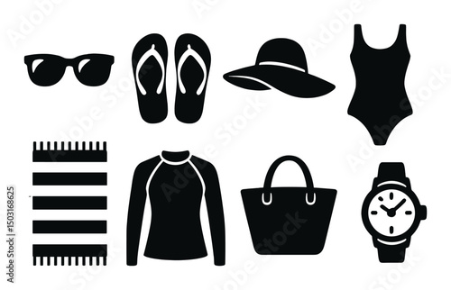 Beachwear essentials silhouette icons set – summer, swimwear and fashion symbols