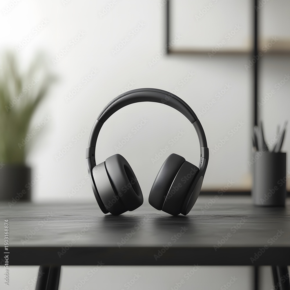 Sleek Gray Headphones on a Wooden Table in a Modern Setting Sleek Gray Headphones on a Wooden Table in a Modern Setting