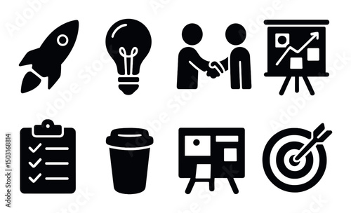 Startup success icons set in silhouette style – business, innovation, productivity symbols