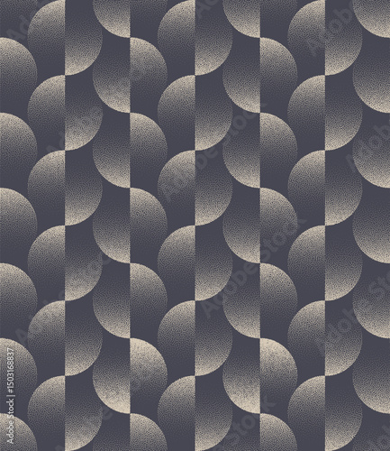 Bold geometric retro split circles pattern with halftone stipple texture in a seamless format. Divided ovals design creates rhythm and balance. Perfect for modern textile or trendy fashion prints