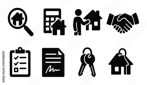 Home buying silhouette icons set – property, real estate and mortgage symbols