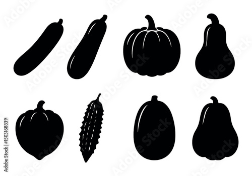 Gourd family silhouette icons set – simple, vegetable and squash graphics