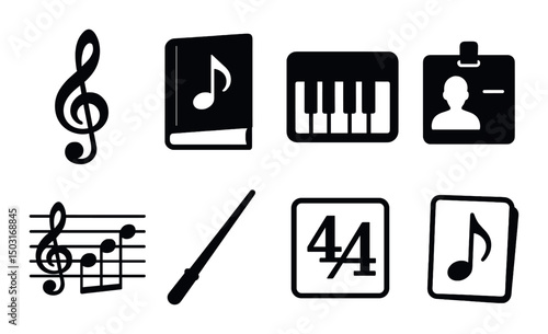 Music education silhouette icons set - simple, learning and composition symbols