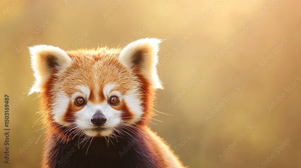 Fototapeta premium Close up portrait of a red panda in soft golden light. Endangered species, wildlife conservation.