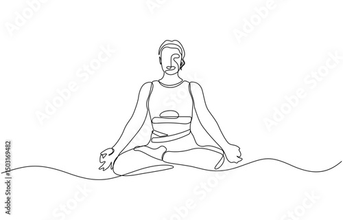 Continuous one line drawing of beautiful female yoga pose character, Doodle illustration of relaxing workout, One continuous single line of woman sitting yoga isolated on white background.
