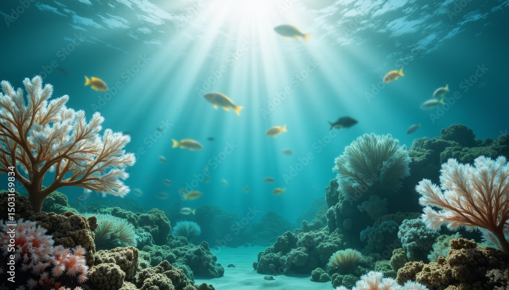 Fototapeta premium Colorful marine life swimming above coral reef underwater 
