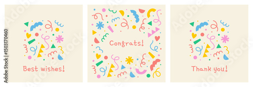 Set of cards with handwritten "Best wishes, Congrats, Thank you" inscription and abstract composition, frame of confetti, geometric shapes on light background, hand drawn illustration, flat style