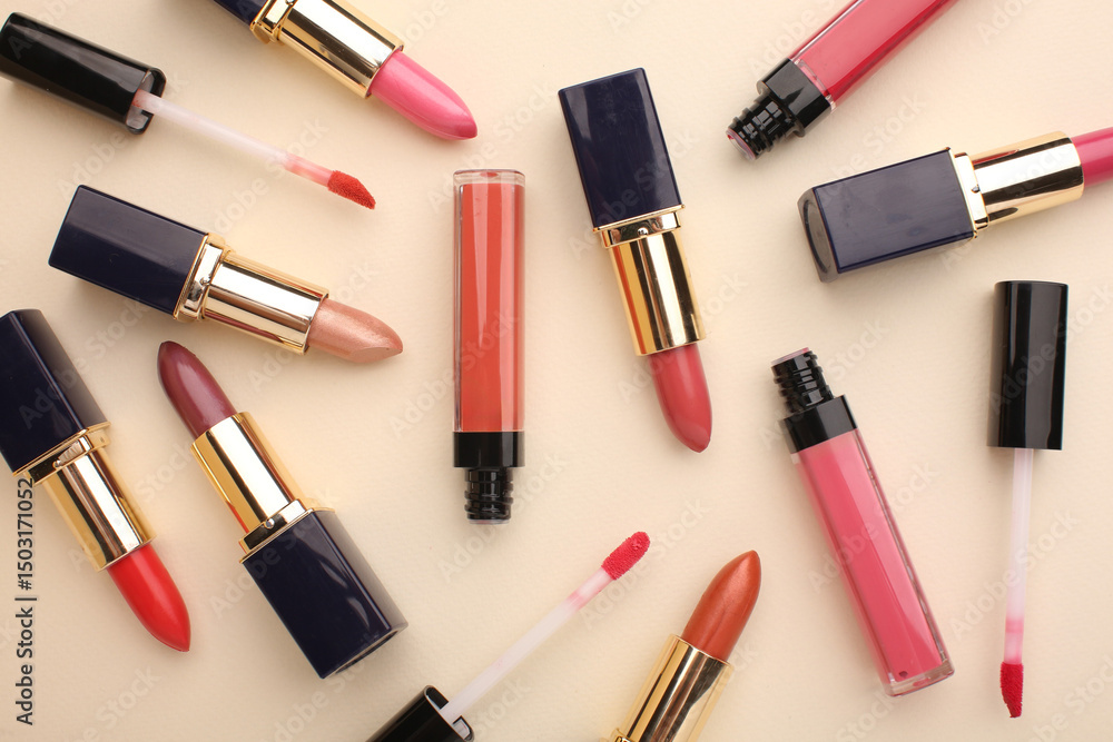 Minimal modern cosmetic scene with make up brushes, eye shadows palette, lipstick, powder and shadow overlay, color of the year 2025 mocha mousse Minimal modern cosmetic scene with make up brushes, eye shadows palette, lipstick, powder and shadow overlay, color of the year 2025 mocha mousse