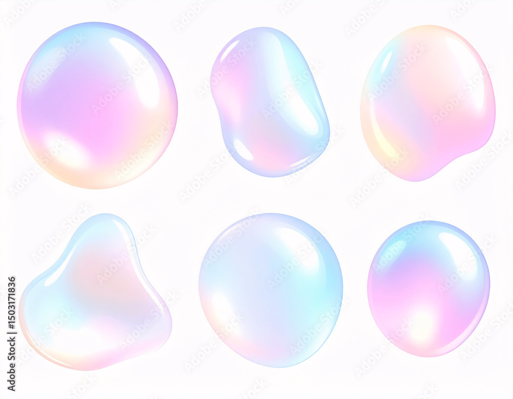 Iridescent Spheres: A collection of six vector shapes, each featuring an iridescent color gradient, mimics the ethereal beauty of soap bubbles, floating in a space of limitless possibilities. Iridescent Spheres: A collection of six vector shapes, each featuring an iridescent color gradient, mimics the ethereal beauty of soap bubbles, floating in a space of limitless possibilities.