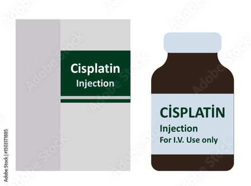 Cisplatin Injection vial. Cancer Drugs Vial Cisplatin. Injection Medical Vial for Chemotherapy. Drugs for Chemotherapy and Cancer Treatment. Cytotoxic Agent. IV Infusion Drugs. Vector.