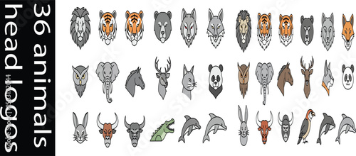 Set of 20 minimalist vector logos of different animal heads, each in a clean modern flat style, including lion, tiger, bear, wolf, fox, eagle, owl, elephant, deer, horse, dog, cat, rabbit, panda, gori