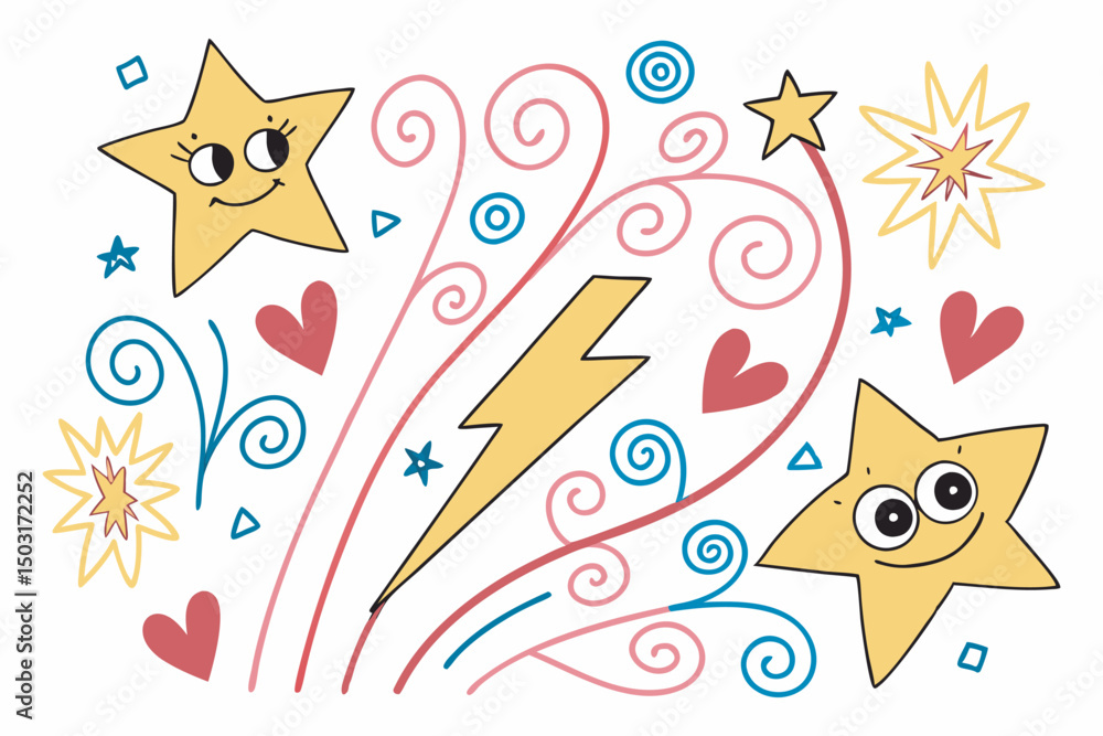 Fototapeta premium Happy birthday card with cute cartoon birds, colorful floral seamless pattern, and festive heart and star decorations