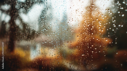 Raindrops sliding down a window with blurred view of trees outside, cozy rainy afternoon atmosphere -