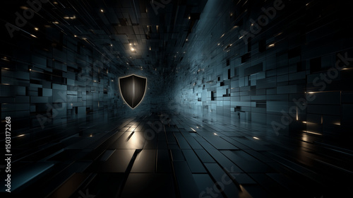 Futuristic Digital Wall with Embedded Shield Icon Representing Cybersecurity