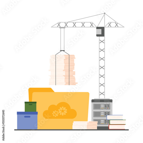 Digital files administration, online organization and storage on servers. Construction crane transfer stack of office paper documents to folder and box with archives cartoon vector illustration