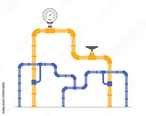 Oil and gas industry pipeline system with pressure control and measurement device, leak inspection. Yellow and blue steel pipes with valve, petrochemical plant equipment cartoon vector illustration