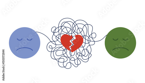 Bad relationship, miscommunication, conflict in couple or family. Sad emoji with complicated connection through tangled knot and chaos of threads and broken red heart cartoon vector illustration