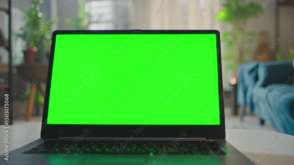 Cozy Modern Living Room with Bright Green Screen Laptop, Comfortable Furniture, and Lush Plants for Serene Workspace Atmosphere Cozy Modern Living Room with Bright Green Screen Laptop, Comfortable Furniture, and Lush Plants for Serene Workspace Atmosphere