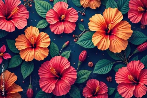 Wallpaper Mural Intricate hibiscus blossoms, vibrant hues, repeating design, hibiscus pattern, symmetry, flower Torontodigital.ca