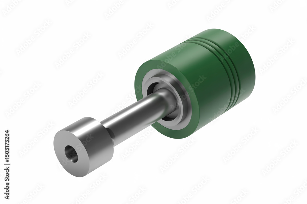 Close up of a green cylinder with a silver rod extending from it on a white background studio shot Close up of a green cylinder with a silver rod extending from it on a white background studio shot