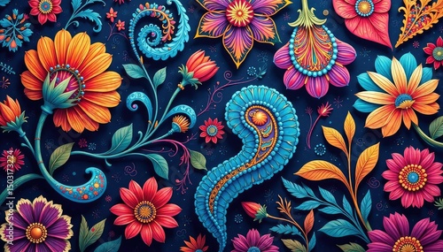 Intricate paisley floral pattern in vibrant hues, traditional, paisley, indian