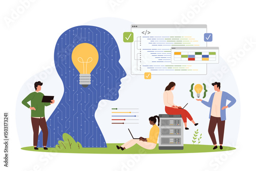 Development of software code by artificial intelligence. Teamwork of tiny people and AI brain machine, characters develop mobile app, automate digital data platform cartoon vector illustration