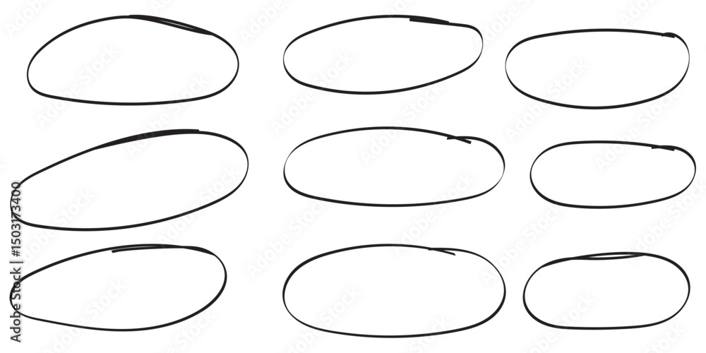 Hand drawn Black ovals and circles set. Collection of nine hand drawn circles set of frames. Hand drawn circle and oval sketch frame illustration. Hand drawn Black ovals and circles set. Collection of nine hand drawn circles set of frames. Hand drawn circle and oval sketch frame illustration.