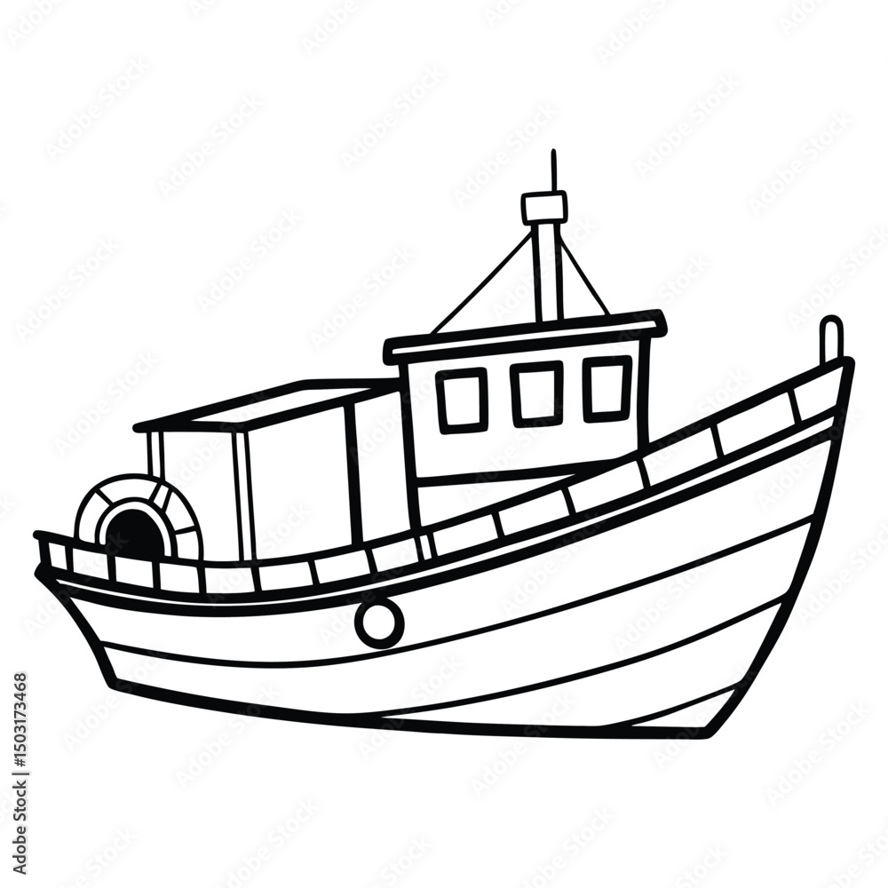 A black and white illustration of a fishing boat with a curved hull, featuring a cabin with windows, a chimney, and a storage box on the deck. The boat is tilted slightly to one side A black and white illustration of a fishing boat with a curved hull, featuring a cabin with windows, a chimney, and a storage box on the deck. The boat is tilted slightly to one side