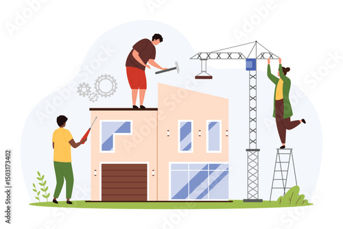 Home construction and renovation. Engineers and workers construct small city building, people with equipment, materials and crane build or repair house on construction site cartoon vector illustration