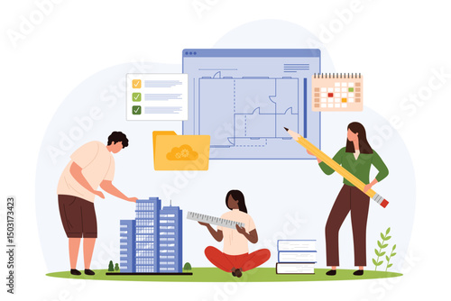 Construction project management, city architecture planning. Tiny people holding big pencil and ruler, engineers plan building of modern house on blueprint and calendar cartoon vector illustration