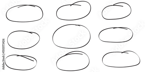 Hand drawn Black ovals and circles set. Collection of nine hand drawn circles set of frames. Hand drawn circle and oval sketch frame illustration.