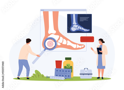 Rheumatoid arthritis, osteoarthritis, rheumatism diagnosis and treatment, rheumatology vector illustration. Cartoon tiny people research xray of patients foot with magnifying glass in hospital