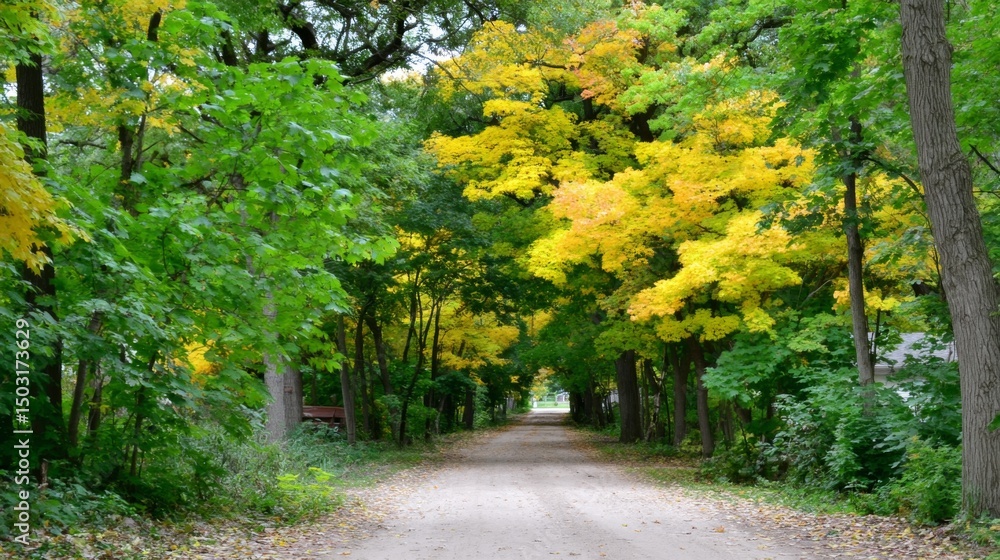 Naklejka premium Autumn leaves pathway serene forest scenic nature photography tranquil environment perspective of a peaceful walk