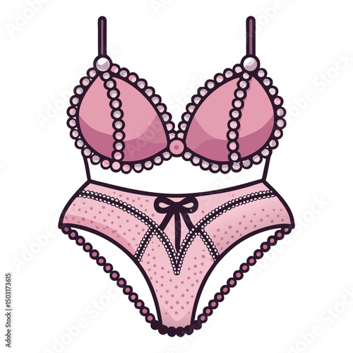 A pink lingerie set featuring a triangular bra adorned with pearl-like embellishments and adjustable straps, paired with matching panties that have decorative lace trim and a small bow at the center.