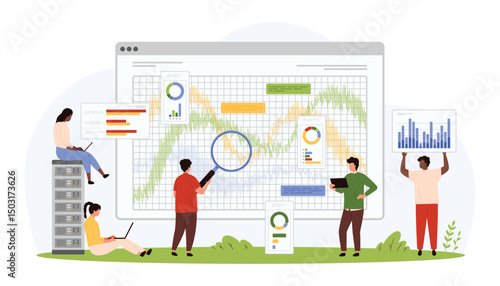 Benchmark monitoring methodology. Tiny people with magnifying glass research financial metrics, evaluate best product performance and operational results of quality cartoon vector illustration