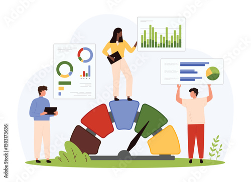 Benchmarking process to identify quality and strategic success of product. Tiny people compare results with cloud tools and indicator for benchmark dashboard analysis cartoon vector illustration