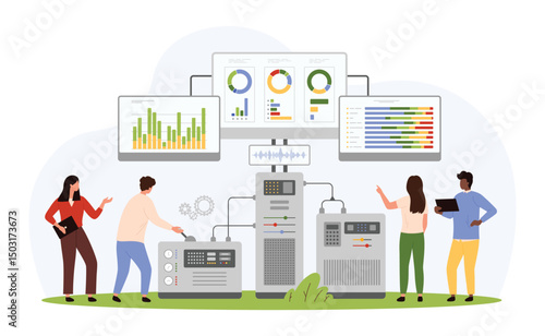 Benchmarking process, technical monitoring automation. Tiny people compare marketing results and progressive indicators of best product with cloud system of servers cartoon vector illustration