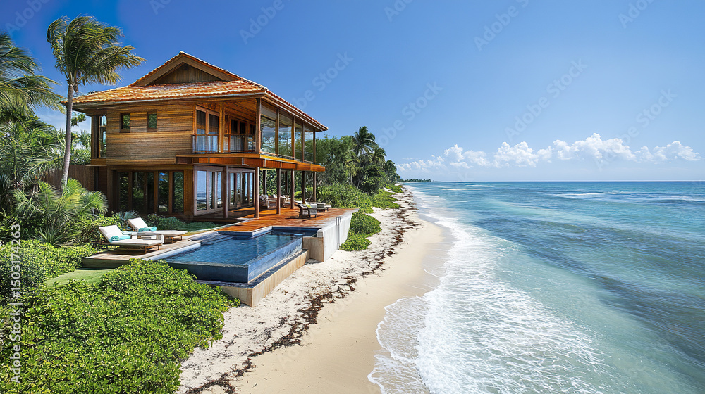 Fototapeta premium Luxurious oceanfront property with stunning views and serene beach setting