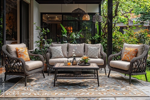 3-seater garden sofa set with black frame armchairs and coffee table, modern outdoor furniture for patio or terrace seating area