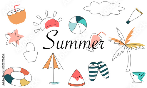 Minimal Hand-drawn Summer Icons Collection with Text