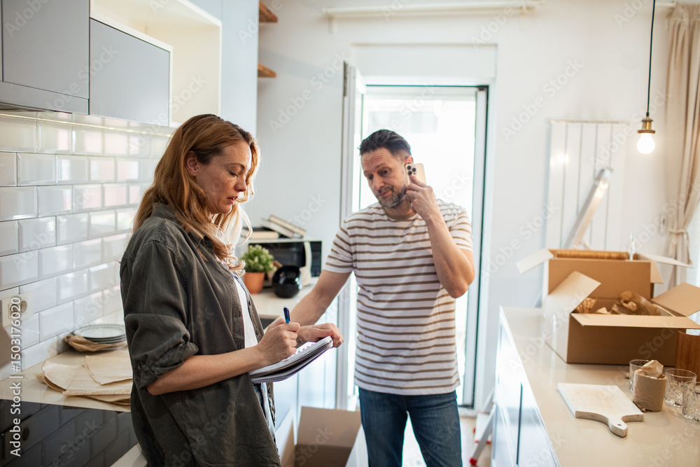 Obraz premium Happy couple unpacking boxes together in new kitchen