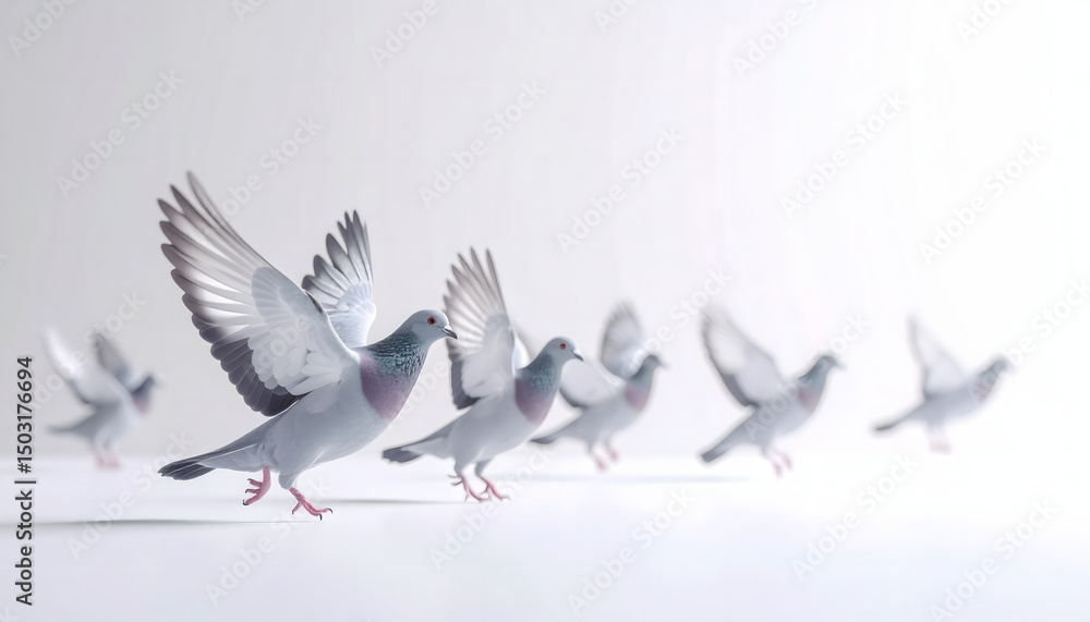 Fototapeta premium A flock of pigeons strolls on a flat surface; one looks up curiously, capturing their peaceful and intriguing nature.