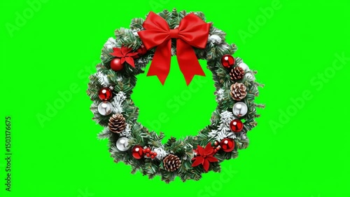Festive Christmas wreath with red bow and decorations on a green screen background for holiday cheer