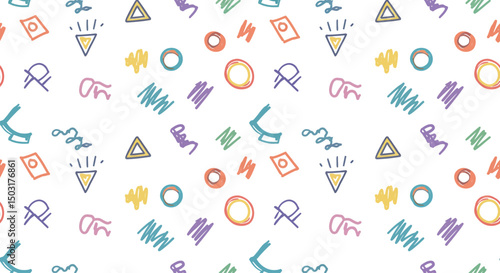 Fun colorful line doodle seamless pattern. Creative minimalist style art background for children or trendy design with basic shapes. Simple childish scribble backdrop. white background