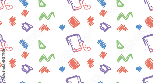 Fun colorful line doodle seamless pattern. Creative minimalist style art background for children or trendy design with basic shapes. Simple childish scribble backdrop. white background