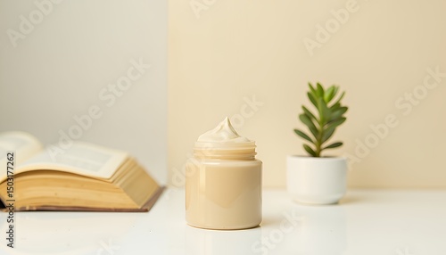Wallpaper Mural Cream Jar with Book and Succulent for Skincare or Spa Concept Torontodigital.ca