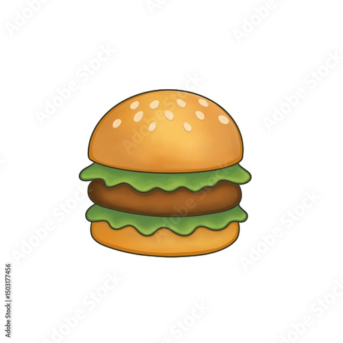 Delicious Hamburger with Fresh Salad and Sesame Bun – Food Illustration on White Background