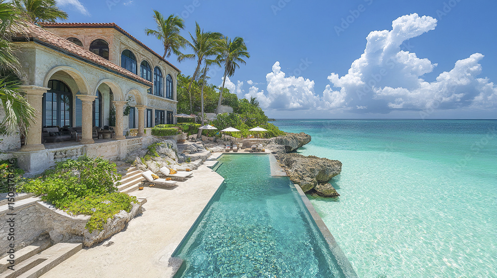 Fototapeta premium Luxurious oceanfront property with stunning pool and tropical landscape