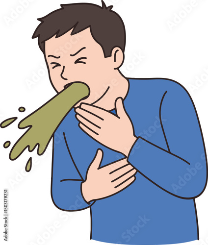 Cartoon Illustration of a Man Coughing or Vomiting with Force.